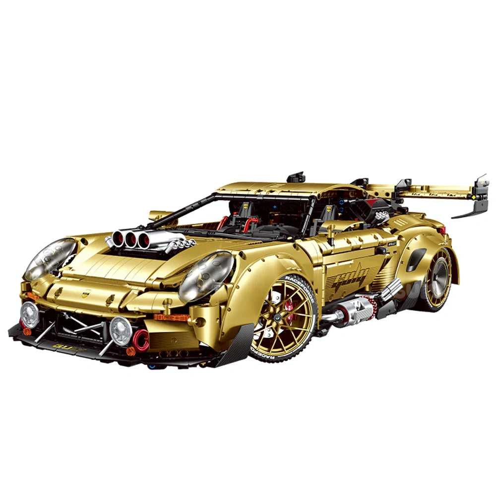 Porsche GT3 Gold Edition en briques 1:8 – vue trois-quarts avant avec jantes dorées