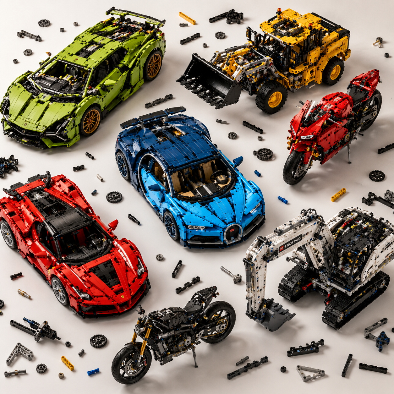 Collection LEGO Technic avec voitures, moto et engins de chantier sur fond blanc.