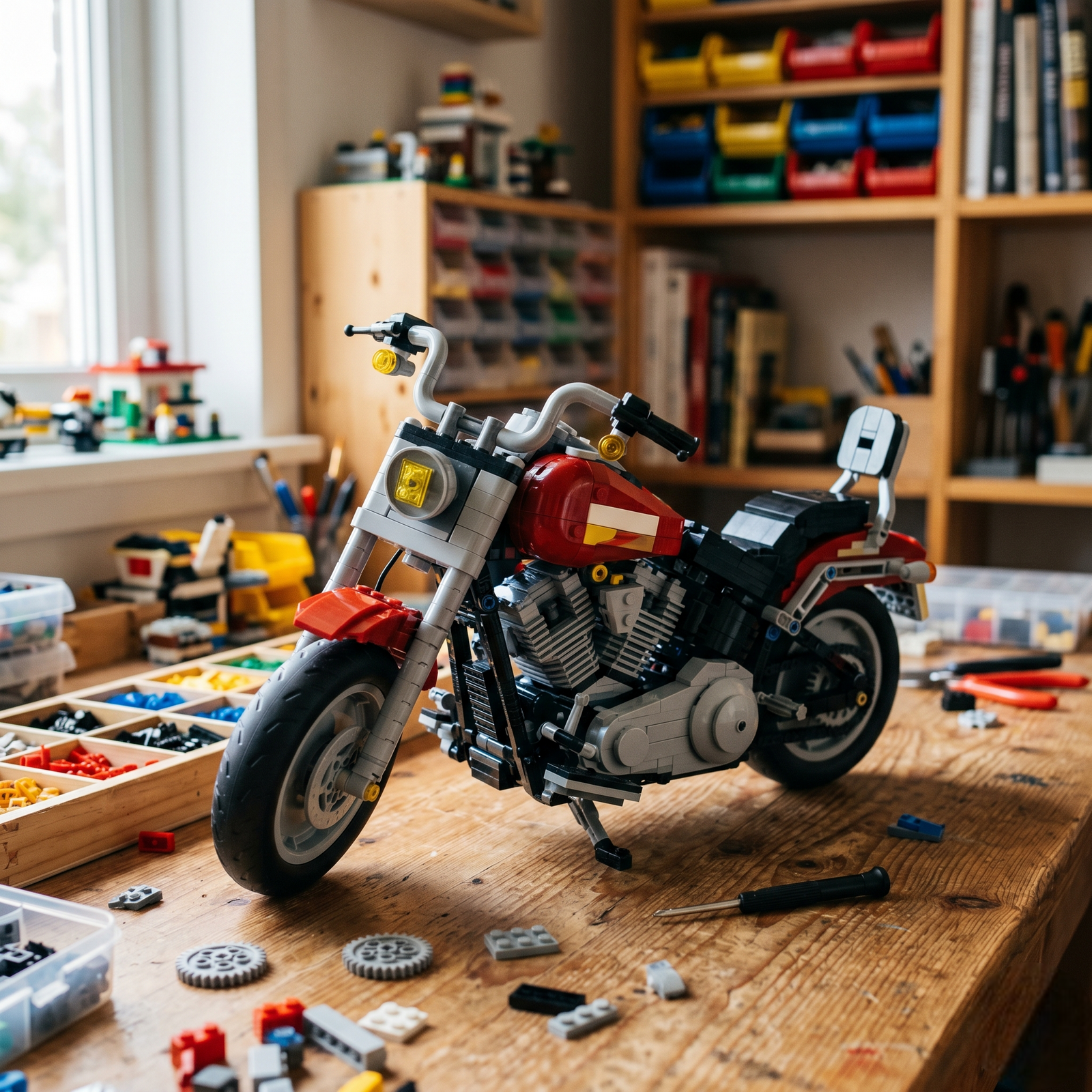 Une moto miniature de style custom construite en briques de jeu, posée sur un établi en bois au milieu de pièces détachées et d'outils.