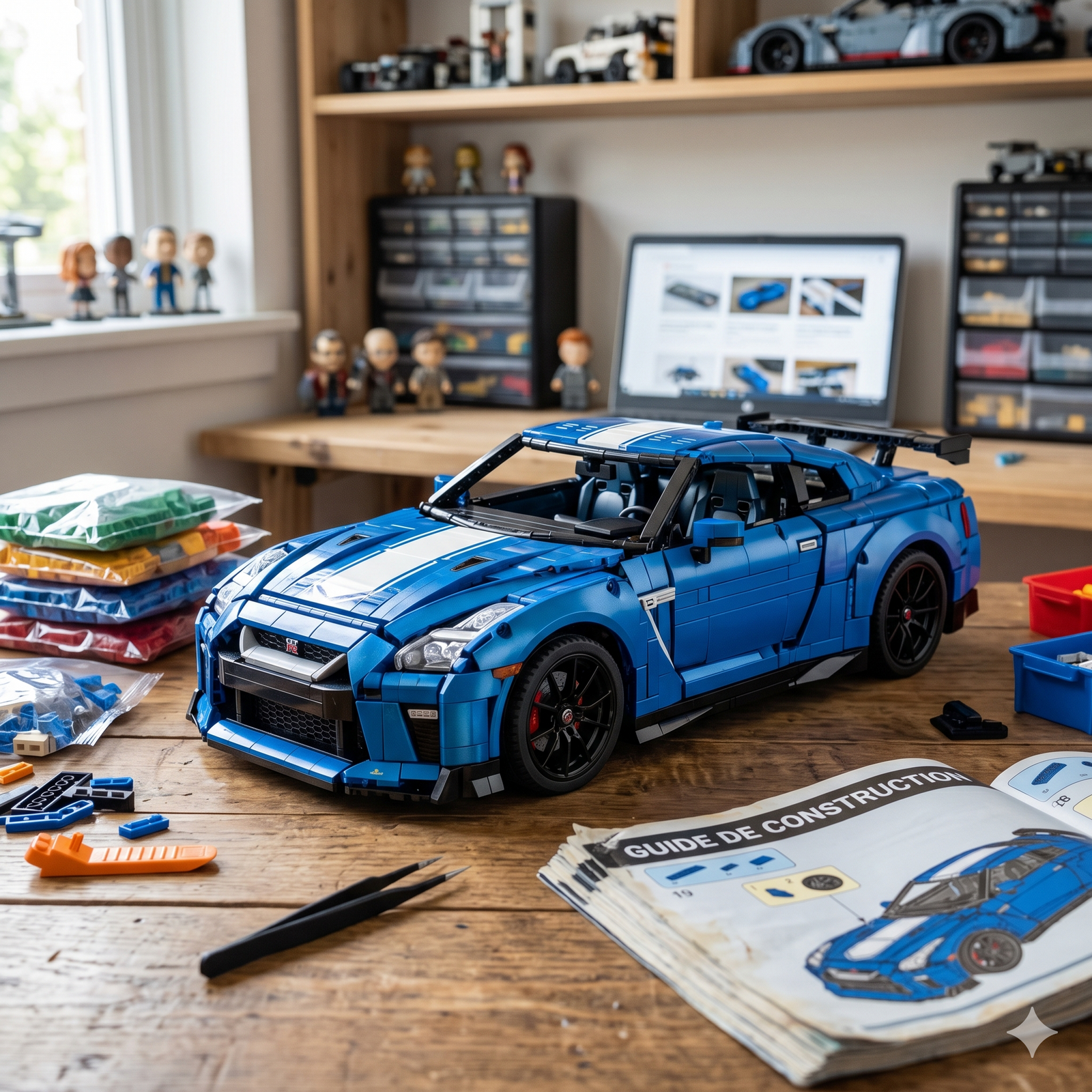 Modèle réduit d'une Nissan GT-R R35 bleue en briques à l'échelle 1:8 sur un établi de montage.
