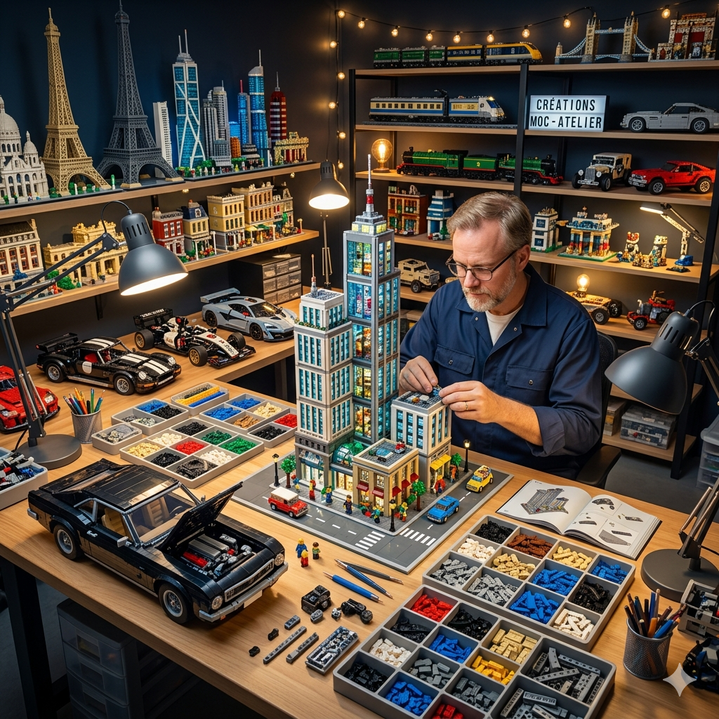 Homme assemblant une maquette de ville en briques dans un atelier rempli de modèles de voitures et d'architecture