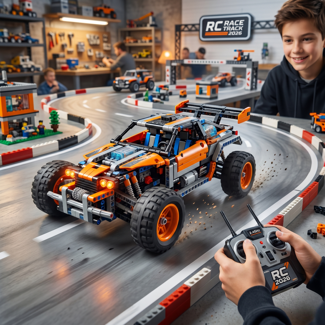 Voiture télécommandée en briques de construction orange et noire sur un circuit, contrôlée par une télécommande RC