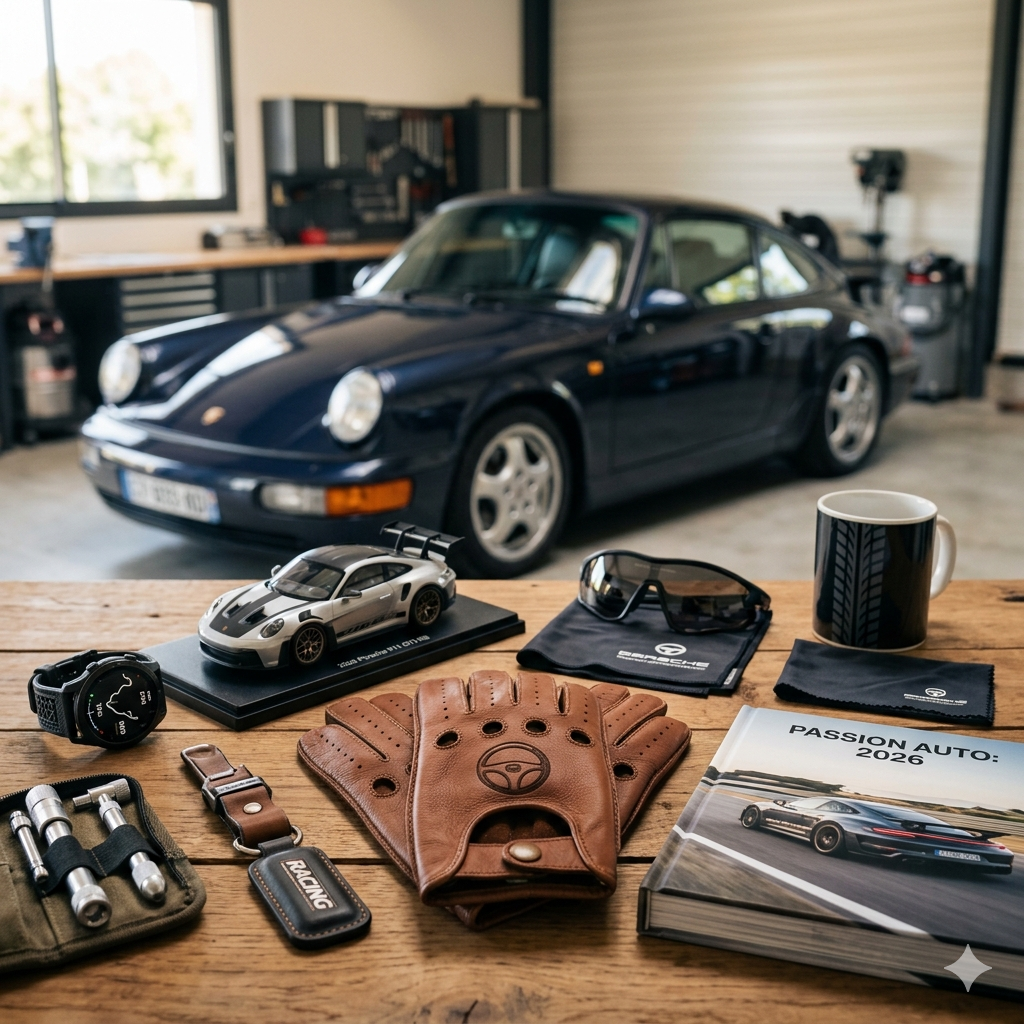 Une sélection d'idées cadeaux pour passionnés d'automobile sur un établi en bois, incluant des gants de conduite en cuir, une voiture miniature de collection et un livre sur les voitures de sport, avec une voiture de luxe en arrière-plan dans un garage.