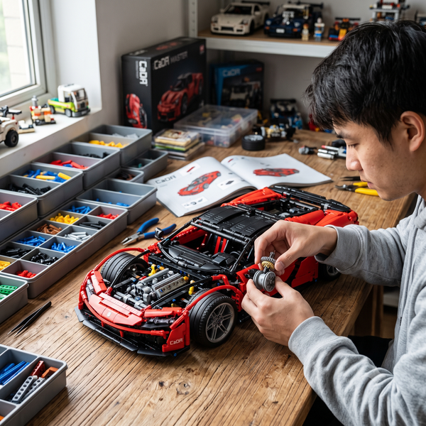 Construction d'une voiture de sport rouge en briques CaDA Technic sur un établi avec des casiers de pièces.