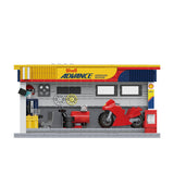 Garage de maintenance en briques avec voiture de course rouge, outils et équipements techniques.